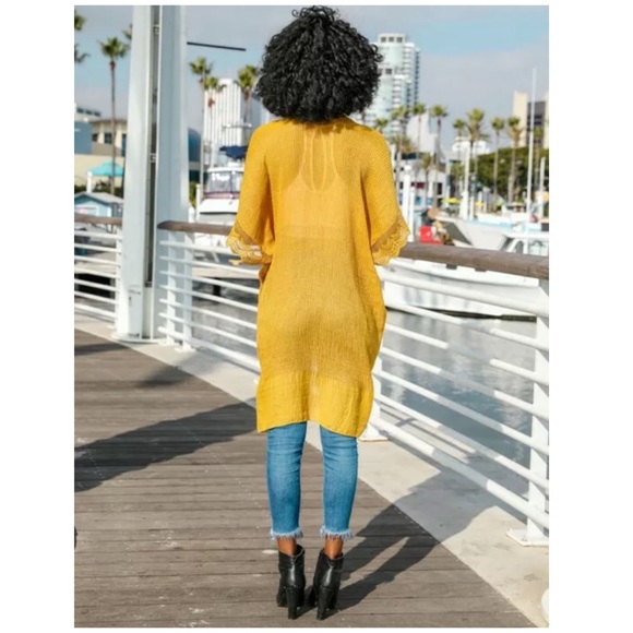 SOLD OUT Mustard Scalloped Lace Trim Kimono Wrap - Picture 3 of 4